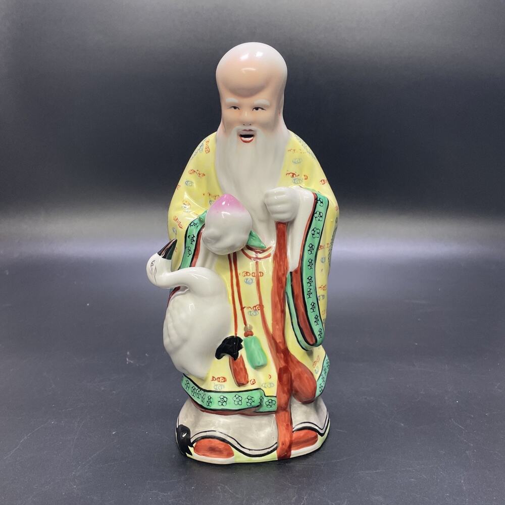 Chinese Porcelain Shou God of Longevity Figurine Peach Crane Statue 10.25
